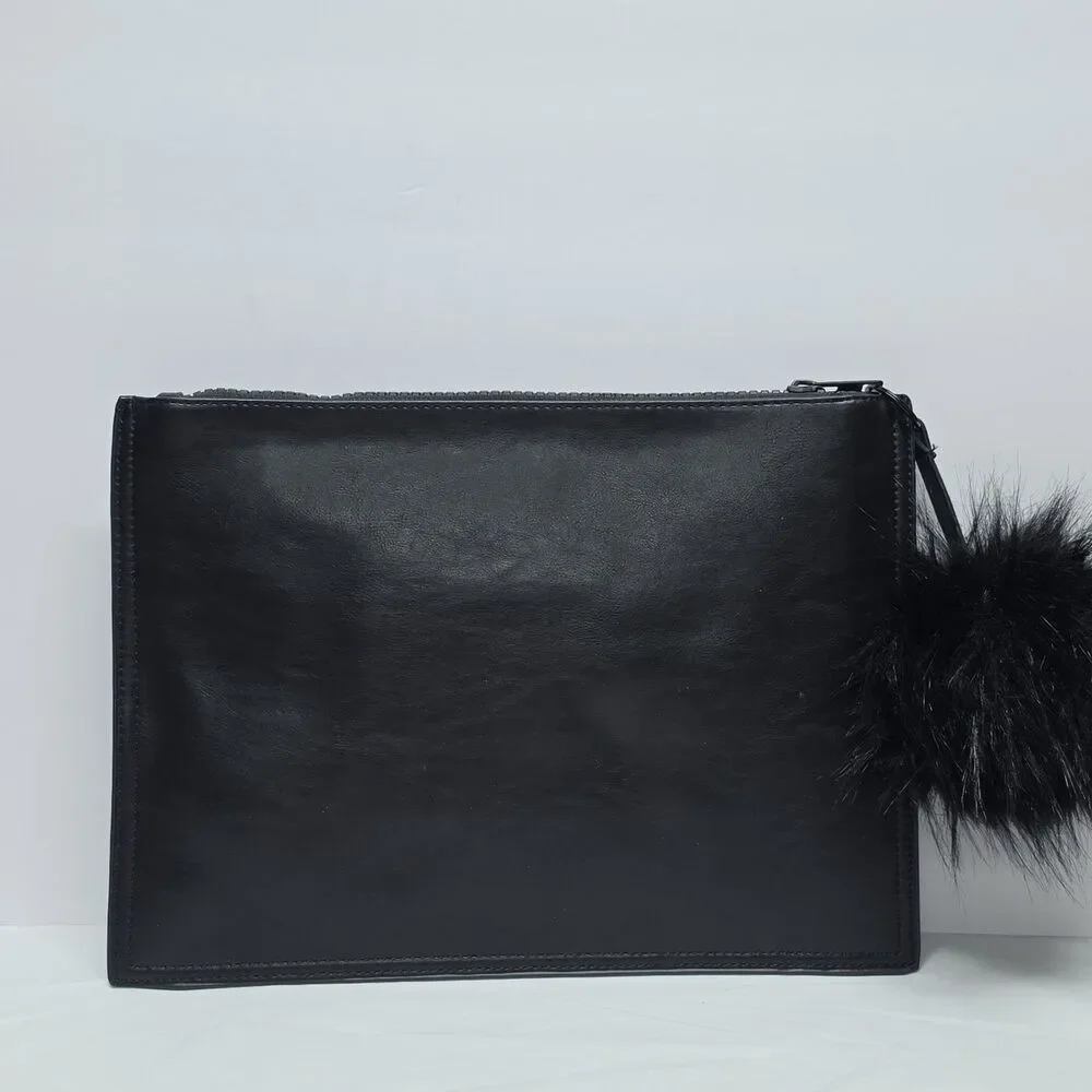 Dream Control Black Large Patched Clutch With Pom Pom Vegan Leather Hipster